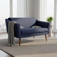 Namoradeira Decorativa Agatha Suede Azul Marinho 2 Lugares Pés Madeira