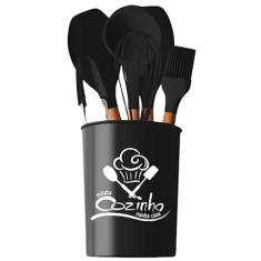 Kit 7 Pçs Utensílios de Cozinha Silicone Cabo Madeira Colors (PRETO)