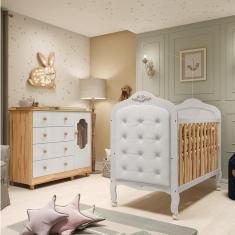 Quarto de Bebê Berço com Capitonê e Cômoda 4 Gavetas 100% MDF Maya Provençal Espresso Móveis Branco Brilho/Amêndoa/Branco