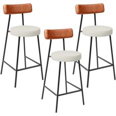 Kit 03 Banquetas Baixa Cozinha Sala Jantar Milão L02 Couríssimo Camel Linho Champagne