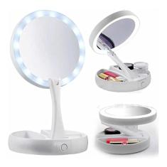 Espelho Maquiagem Dupla Face Luz Led FH-803 Emson Dobrável Gira Aumento 10x Organizador