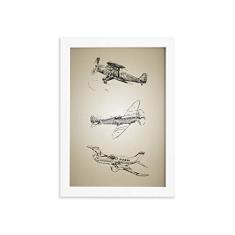 Quadro Vintage Moldura Branca Aviões Antigos Triplo 33x43cm