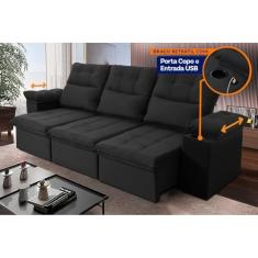 Sofá Retrátil Reclinável Verona USB + Porta Copo 2,30m Suede Velut Preto c/ Molas no Assento - King House