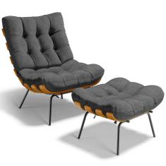 Poltrona Costela L02 com Puff Sala de Estar Linho Cinza Escuro  - Lyam Decor