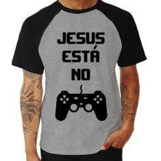 Camiseta Raglan Jesus está no controle - Foca na Moda, Cinza, Preto, M