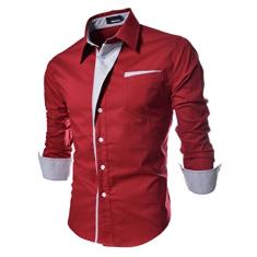 Elonglin Camisa Social Masculina Formal com Botões Manga Comprida Camisa Casual Elegante Cores Contrastantes Vermelho XGG
