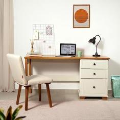 Escrivaninha 150cm 3 Gavetas Tampo Pés em Madeira Maciça Pinus Ananda Off-white/Mel