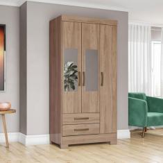 Guarda-roupa Solteiro 3 Portas 2 Gavetas com Espelho Jequitibá Brilho