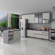 Cozinha Completa Bartira Cristal com 10 Portas, 5 Gavetas, 9 Prateleiras e Bancada Gourmet - 300cm de Largura