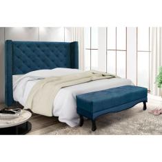 Cabeceira Cama Box Solteiro 90cm e Recamier Vicenza Veludo Azul Marinh