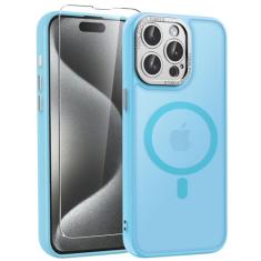 WRJ Capa para iPhone 15 Pro com protetor de tela, [compatível com MagSafe] [proteção total da câmera] Capa magnética antiimpressões digitais, fina, translúcida, fosca, à prova de choque, para mulheres