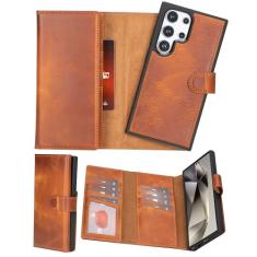 Capa carteira de couro com três dobras compatível com Samsung Galaxy S24 Ultra, capa flip para Galaxy S24 Ultra com suporte para cartão e proteção RFID, marrom vintage