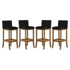Kit 4 Banquetas Alta Encosto Estofado 38x100 Cm Ilha Espanha Madeira Maciça Amêndoa Suede Preto ccs