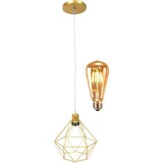 Pendente Aramado Diamante Lustre Cabo Cristal P Dourado + Lãmpada Led ST64 Vintage Retrô