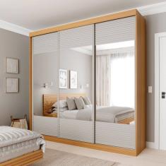Guarda-roupa Casal 3 Portas de Correr Ripadas com Espelho Samambaia Cabecasa Madeiramadeira Carvalho/Off White