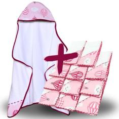 Toalha de Banho Bebe Dupla Camada com Capuz e Forro Fralda + 11 Pano d