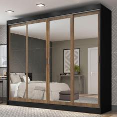 Guarda Roupa Casal Austin 4 Portas de Correr 3 Gavetas MDP com Espelho Preto-rustic