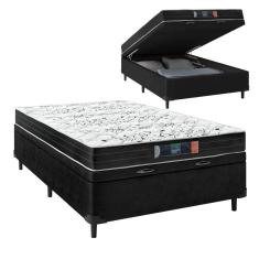 Cama Box Casal Baú Colchão de Espuma Semi Ortopédico Extra Firme Resistente Cinza 138x188x52cm Suporta 80kg Por Pessoa