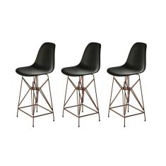 Kit 3 Banquetas Bistrô Alta Eames Preta Base Ferro Cobre - Cor: Preto