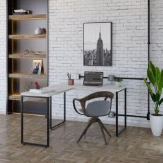 Mesa de Escritório em L Estilo Industrial 120x150cm Kuadra Snow / Est.Preta