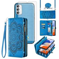 Asuwish Capa de celular para Samsung Galaxy A14/M14 5G carteira com zíper destacável com protetor de tela de vidro temperado alça transversal mandala flor porta-cartão A 14 4G 14A 14M G5 mulheres