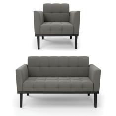 Sofá Namoradeira E Poltrona Base De Madeira Preto Elisa Suede D03 - D`rossi Cor Grafite