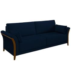 Sofá Living 3 Lugares 222cm Pés Madeira Roya M22 Veludo Azul Marinho - Mpozenato