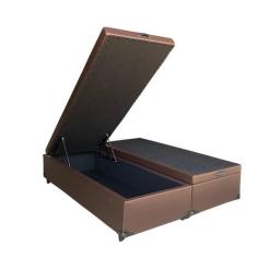 Cama Box Baú Queen Bipartido Sintético Marrom Com Pistão A Gás, Estrut