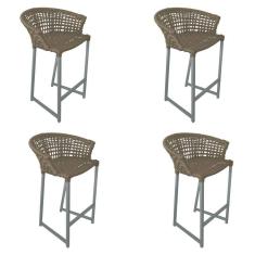 Kit 4 Banquetas Reis Em Corda Náutica E Base Em Alumínio Cinza Para área Gourmet Externa Rami Bege