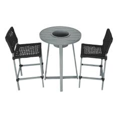 Conjunto Bistrô Champanheira Cinza Tampo Ripado E 2 Banquetas França Corda Náutica Preta Preto