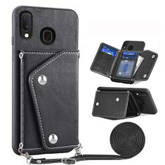 Asuwish Capa de telefone para Samsung Galaxy A20 A30 capa carteira com protetor de tela de vidro temperado e suporte para cartão alça transversal acessórios de celular de couro M10s A 30 20A SM A205G
