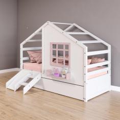 Bicama Casinha Com Janela E Escada-escorregador Madeira Maciça Branco- Rosa Housin