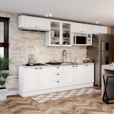 Cozinha Compacta 8 Peças com Balcão e Tampo para Cooktop Emily Espresso Móveis Branco HP/Calcare