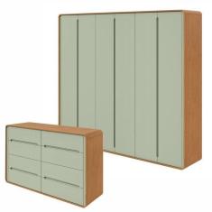 Conjunto de Guarda-Roupa Casal Loop 6 Portas e Cômoda 8 Gavetas 152x48x96cm Loop  Amendoa Clean/Salvia