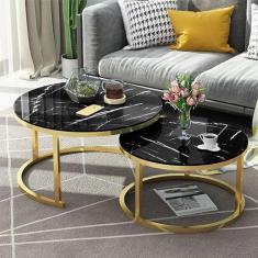 Mesa de centro empilhável com estrutura de metal redonda branca - Mesas de aninhamento elegantes com tampo de vidro com efeito de mármore para escritório doméstico ou sala de estar - Tamanho