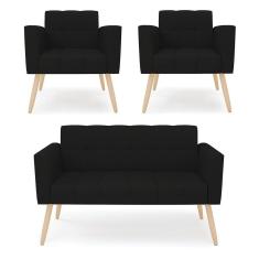 Kit 1 Sofá Namoradeira E 2 Poltronas Elisa Linho Preto A79 Pés Palito Natural - D`rossi