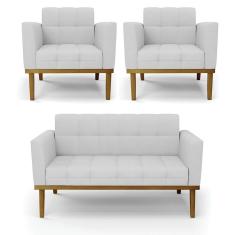 Sofá Namoradeira E 2 Poltronas Base Madeira Castanho Elisa Linho Cinza A05 D03 - D'rossi