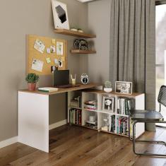 Mesa Escrivaninha Barcelona em L com 8 Nichos DRD Móveis Branco/Amadeirado Montana/ Perfect Wood