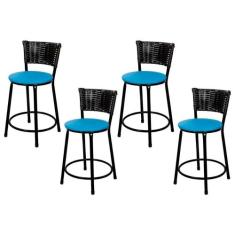 Jogo 4 Banqueta Baixa Para Cozinha Hawai Preto Assento Azul - Lamar De