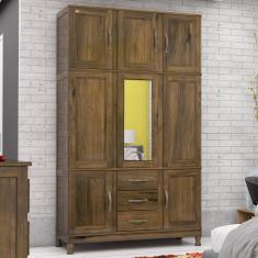 Guarda-Roupa Solteiro Paris 8 Portas 3 Gavetas  com Espelho Madeira Maciça Castanho 365 - Lanes