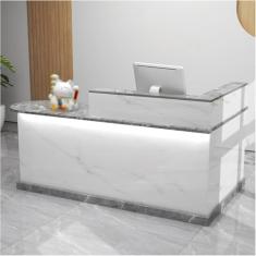 Mesa de recepção moderna com luzes e gavetas trancáveis, balcão de caixa em L, mesa de recepção de computador de madeira, mesa de recepção pequena, para escritório de checkout, salão de beleza/saguão