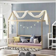 Cama Montessoriano Reversível Com Grade Casinha Garden Casatema Branco/Natural