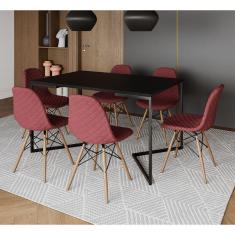 Mesa Industrial Retangular Base V Aço Preto 137x90cm Preta 6 Cadeiras Madeira Estofadas Vermelho