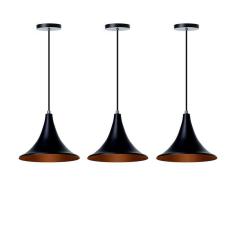 Kit 3 Lustre Pendente Chapéu Chinês 23Cm Preto Alumínio