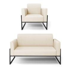 Sofá Namoradeira com Poltrona Base Industrial Alta Preto Marisa Linho Bege A19 D03 - D`Rossi