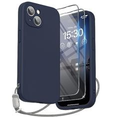 SURPHY Capa projetada para iPhone 15 com protetor de tela e cordão, alça de telefone e capa de telefone de silicone líquido (proteção para câmera e forro de microfibra macia) 6,1 polegadas 2023, azul