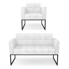 Kit 1 Sofá Namoradeira E 1 Poltrona Elisa Corano Base Metálica Industrial Preto - D`rossi Cor Branco