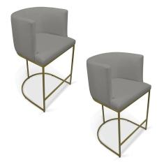 Kit 2 Banquetas Paola Linho Grafite A26 Base Metálica Dourada - D`rossi