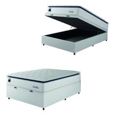 Cama Box Baú Casal Colchão Molas Ensacadas Com Pillow Sevilha 138x188x74cm Branco/Cinza Hellen – Suporta Até 150 Kg Por Pessoa