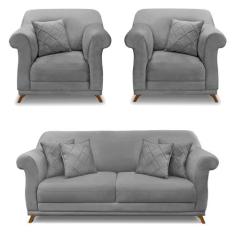 Kit 2 Poltronas e Sofá Living 2 Lugares 1,60m Vênus Veludo Pés Castanh